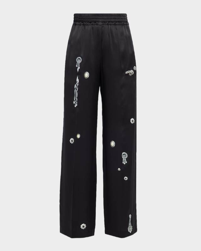 Crystal-Print Silk Straight-Leg Pajama Trousers